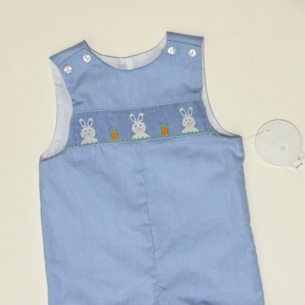 NWT!! EDGEHILL COLLECTION Smocked Bunny Gingham Plaid Romper Blue 6 Months